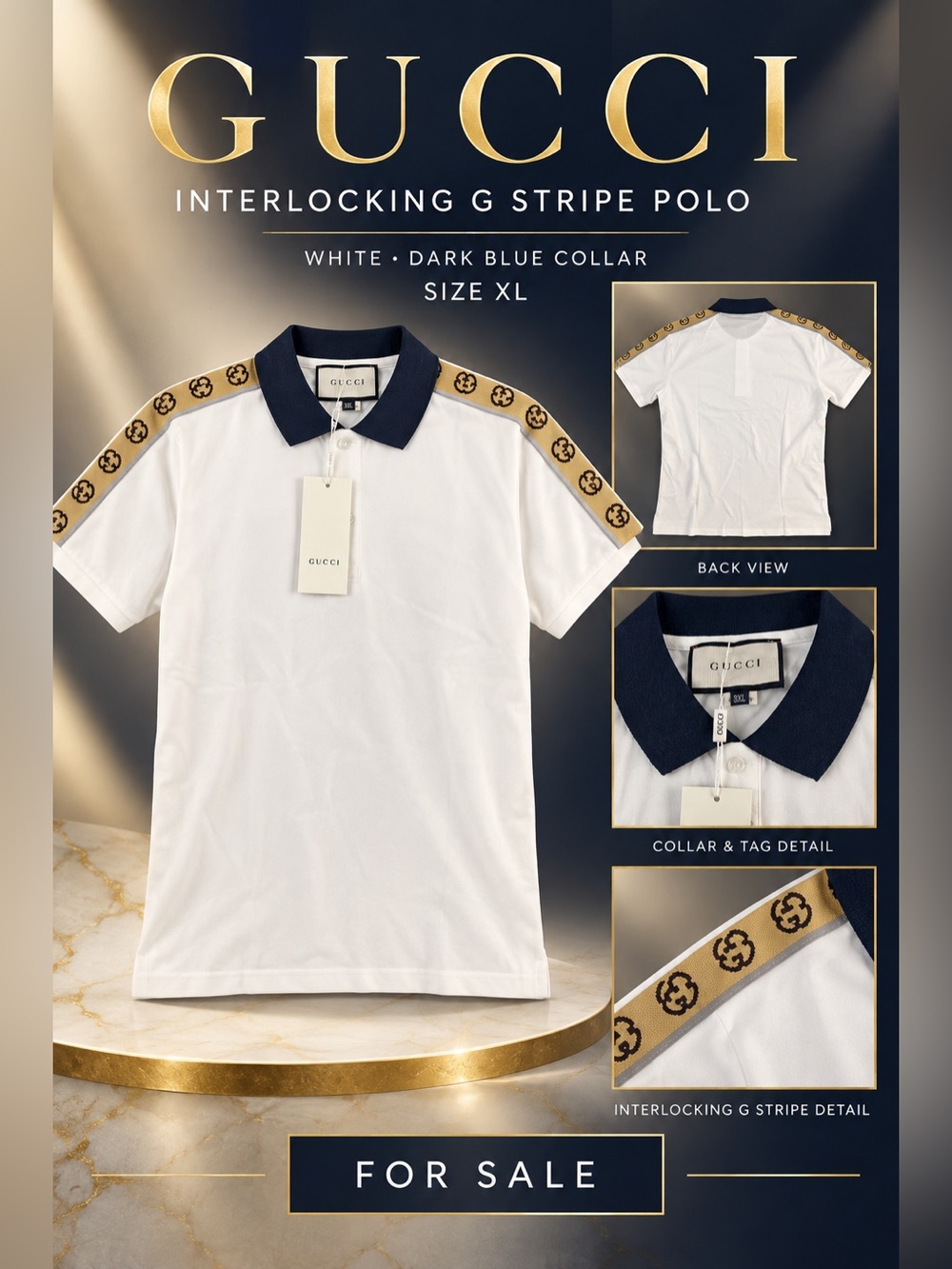 Gucci Polo W/ Interlocking G Stripe featuring-dark blue collar🔥New! Size: XL